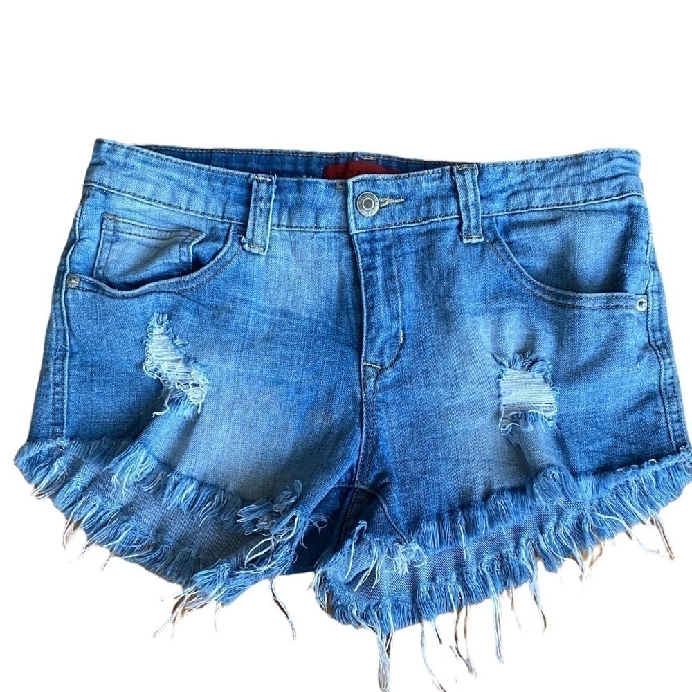 Signature8 Women’s Distressed Mid Rise Fringed Raw Hem Shorts Size Large